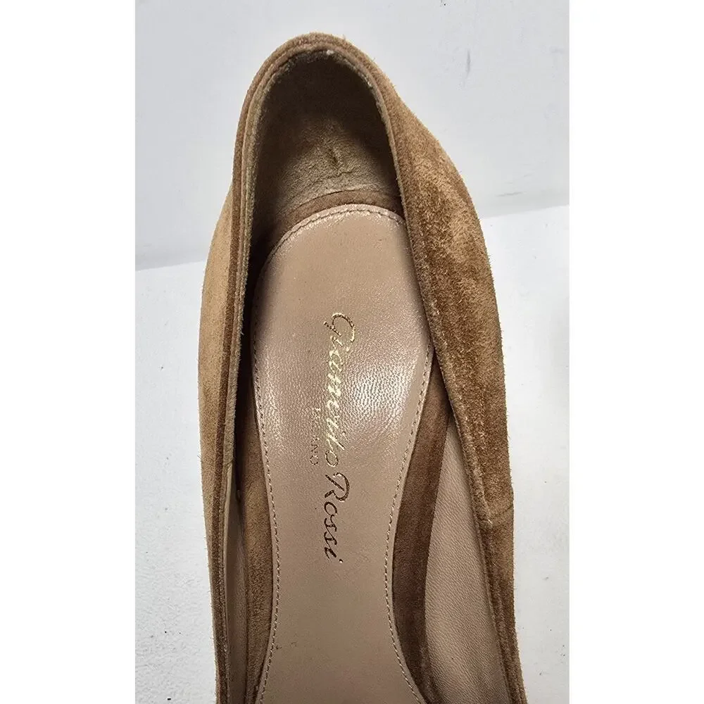 Gianvito Rossi Camel Cognac Suede Heels Pumps 36.5/6.5 Round Toe Block Heel $895
